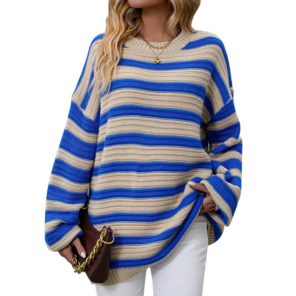 Women Round Neck Long Sleeve Sweater Pullover Striped Loose Sweater for Outdoor Dating Formal Apricot L