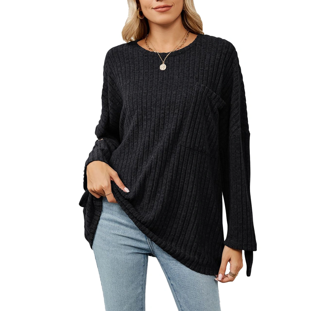 Women Casual Top Long Sleeve Round Neck Drop Shoulder Loose Fit Shirt with Pocket for Home Dating Black S