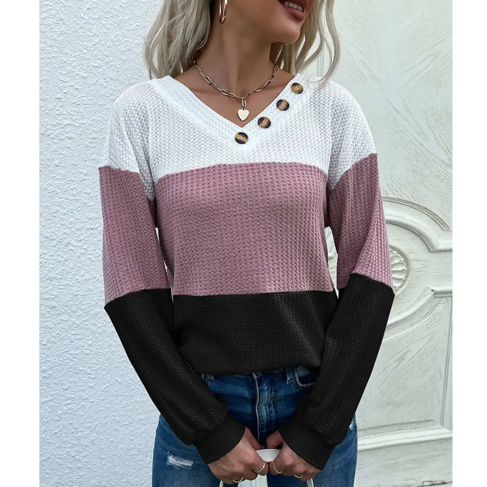 Color Block Blouse Long Sleeve Button Decoration Women V Neckline Color Block Tee Shirt Black S