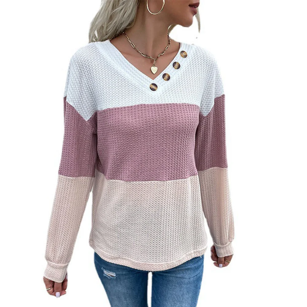 Color Block Blouse Long Sleeve Button Decoration Women V Neckline Color Block Tee Shirt Pink S