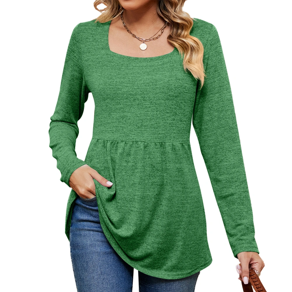 Women Long Sleeve Tops Unique Neck Pure Color Slim Style Casual Loose Hem Blouse for Party Shopping Green S