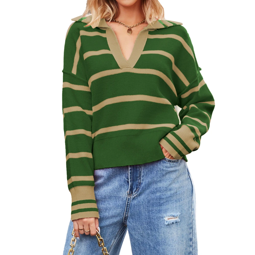 Women Pullover Sweater Top Long Sleeve V Neck Turndown Collar Striped Loose Fit Knitted Sweater for Fall and Winter Green M