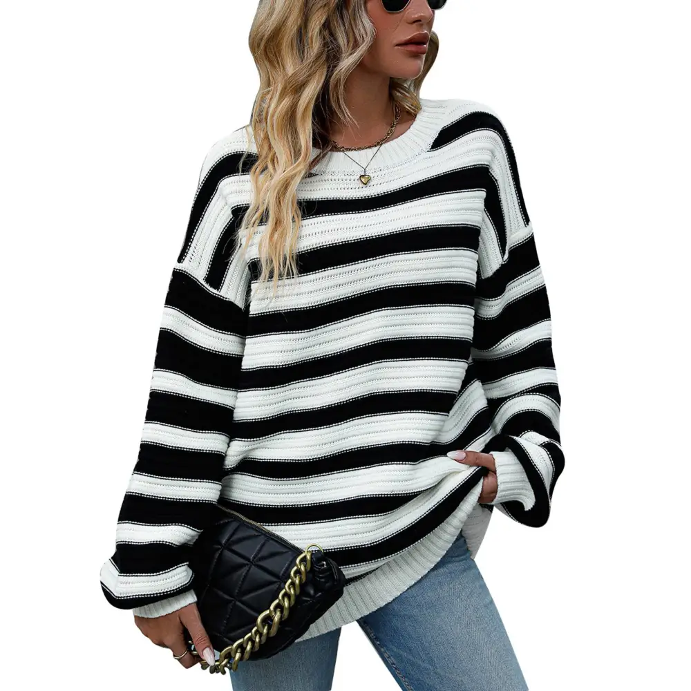 Women Round Neck Long Sleeve Sweater Pullover Striped Loose Sweater for Outdoor Dating Formal White M