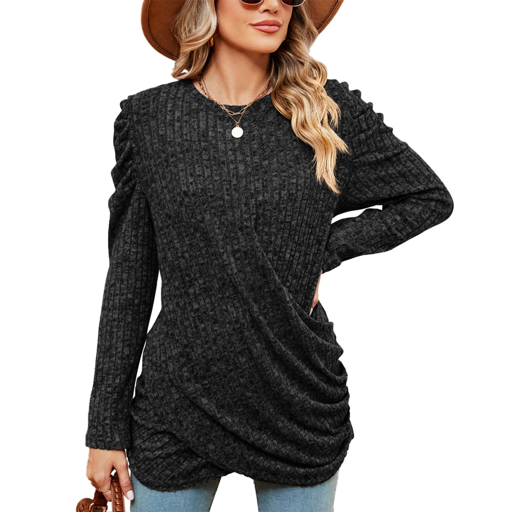 Women Long Sleeved Top Round Neck Pure Color Pleated Pit Stripes Long Sleeved Shirt for Parties Shopping Black L