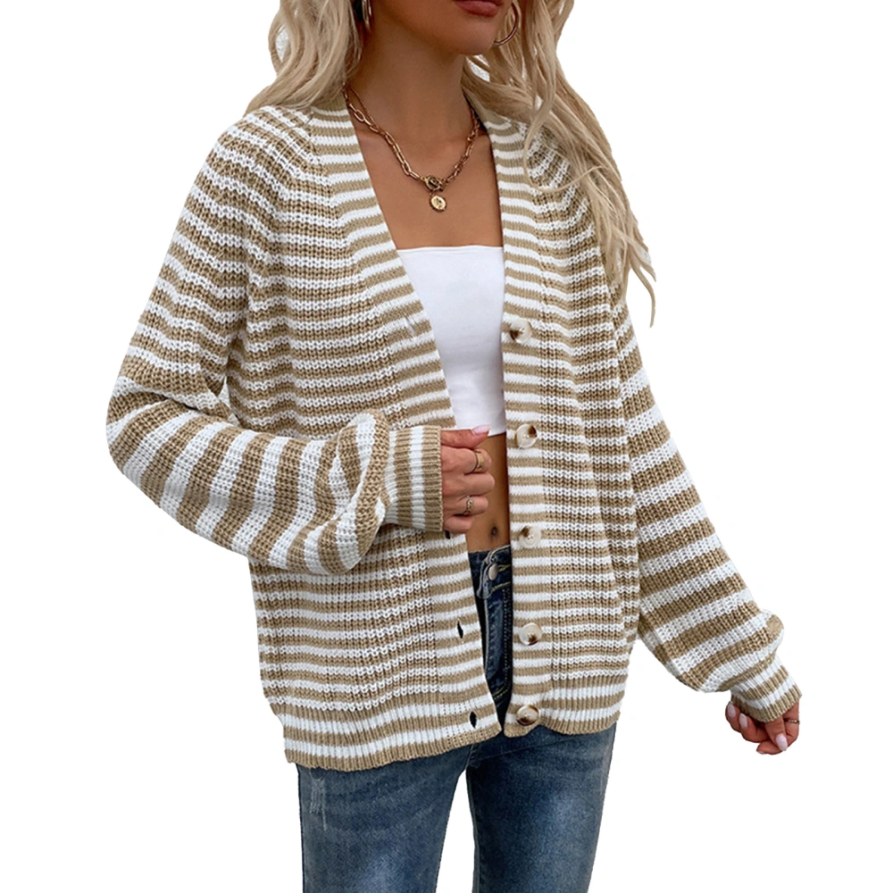 Women Open Front Knit Striped Sweater V Neck Long Lantern Sleeve Relax Fit Button Up Sweater Khaki L