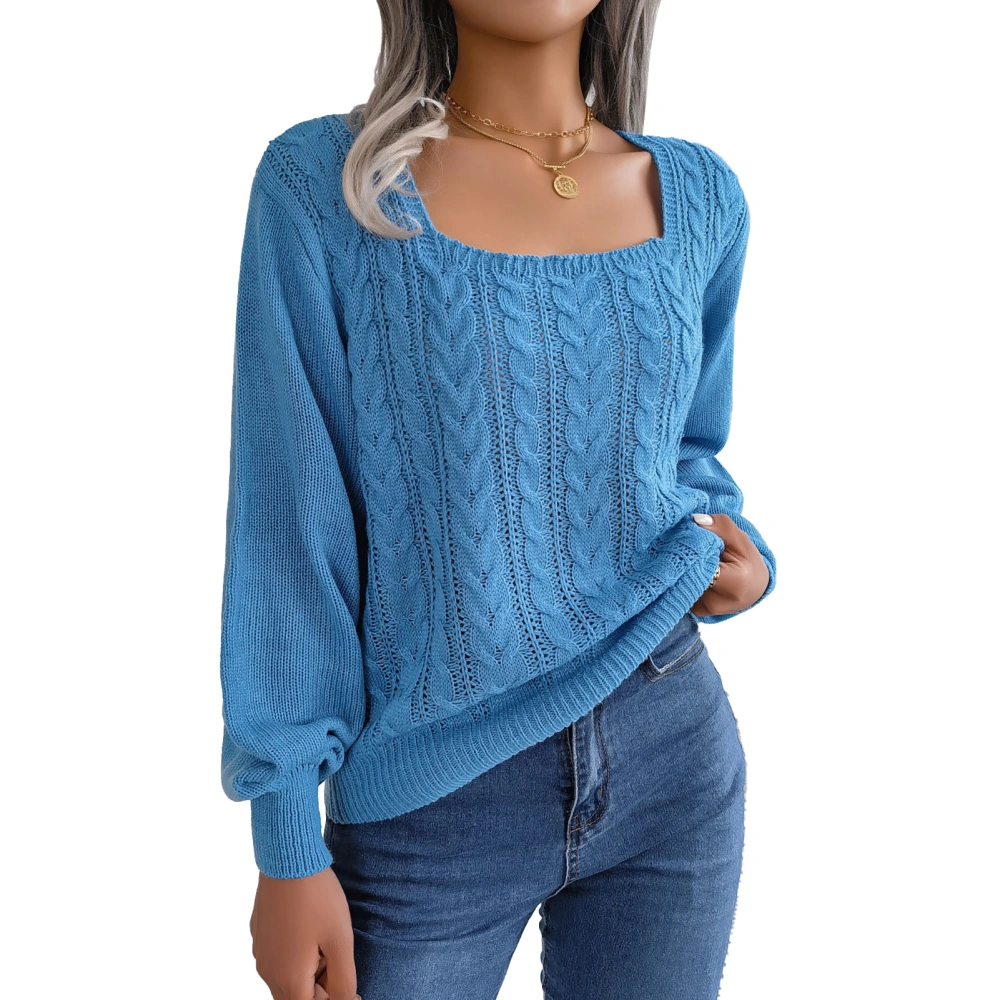 Women Long Sleeve Sweater Cable Knit Pure Color Hollow Out Eyelet Long Lantern Sleeve Knitted Sweater for Daily Party Blue L