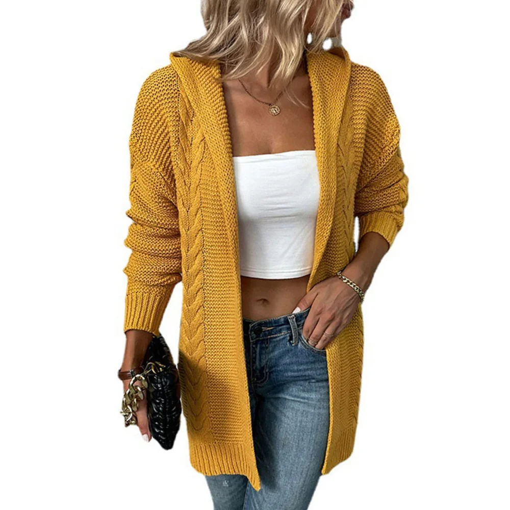 Women Open Front Knit Hooded Sweater Loose Fit Side Pockets Long Sleeve Knitted Outerwear Ginger Color L