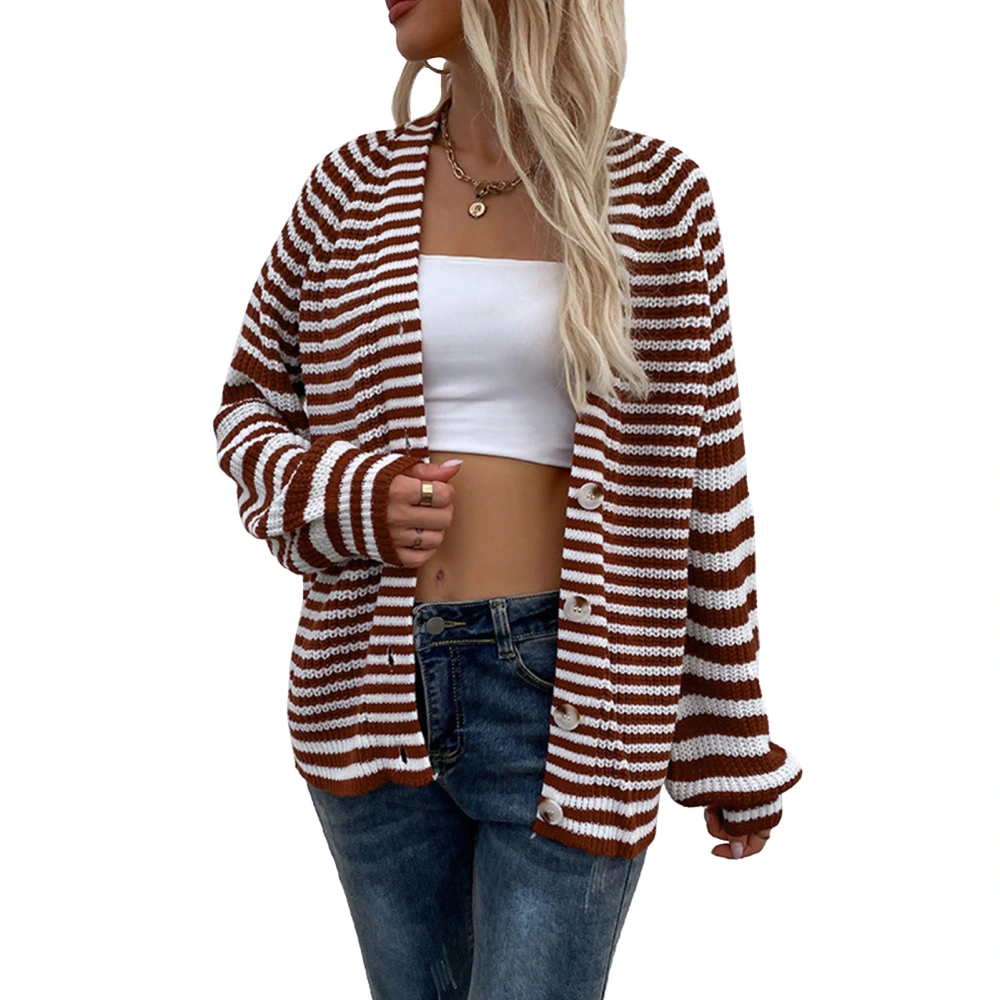 Women Open Front Knit Striped Sweater V Neck Long Lantern Sleeve Relax Fit Button Up Sweater Red Brown L