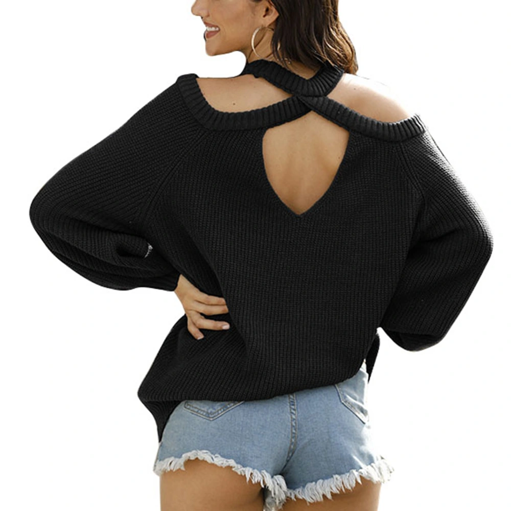 Women Cold Shoulder Halter Neck Sweater Lantern Long Sleeve Cutout Backless Knit Top Black S