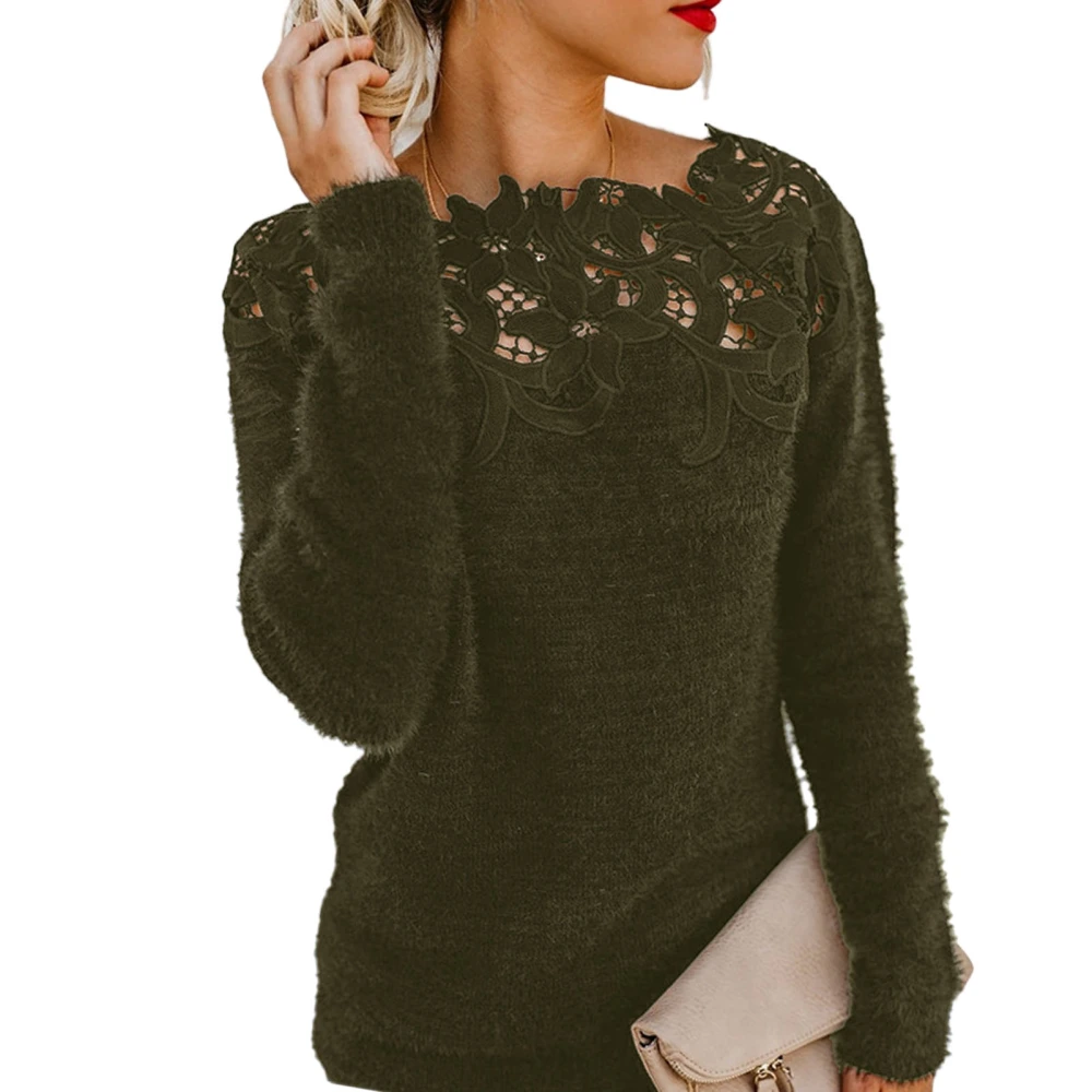 Women Shirt Solid Color Lace Neck Jacket Fashion Style Long Sleeve Bottoming Shirt Blouse for Party Dating Army Green 2XL