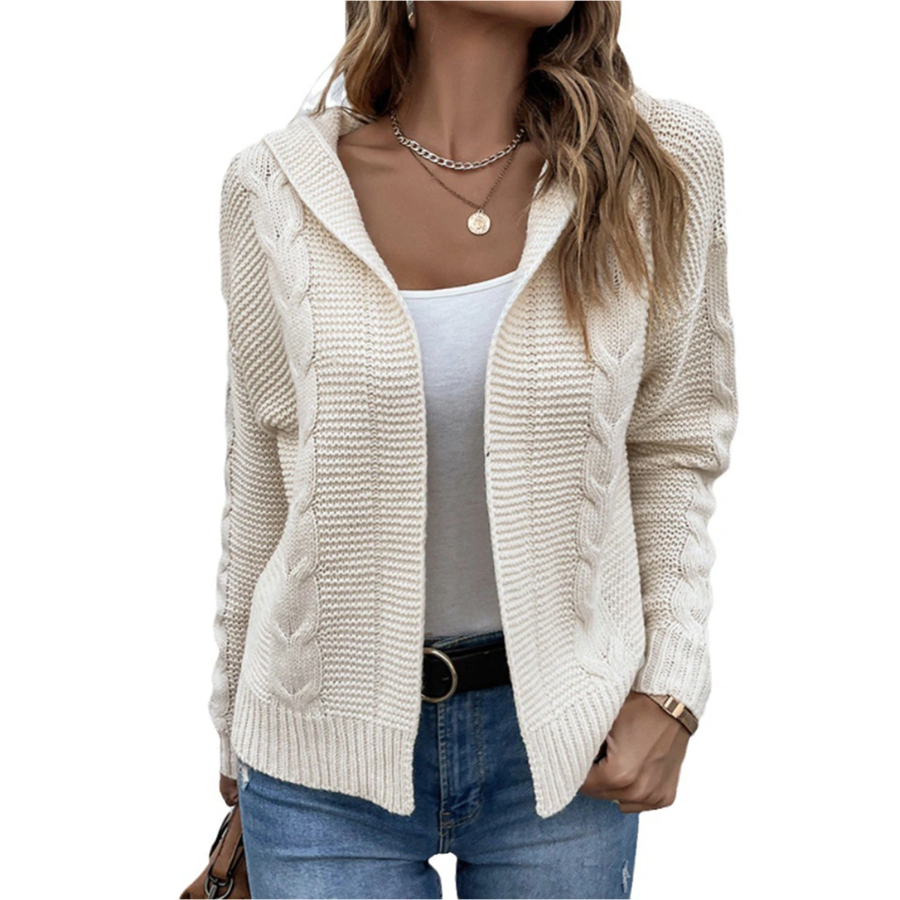 Open Front Sweater Plain Color Long Sleeve Cable Knit Open Front Hooded Sweater for Daily Life Beige L