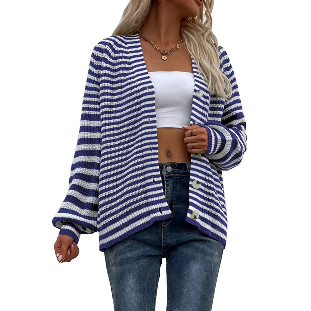 Women Open Front Knit Striped Sweater V Neck Long Lantern Sleeve Relax Fit Button Up Sweater Blue L