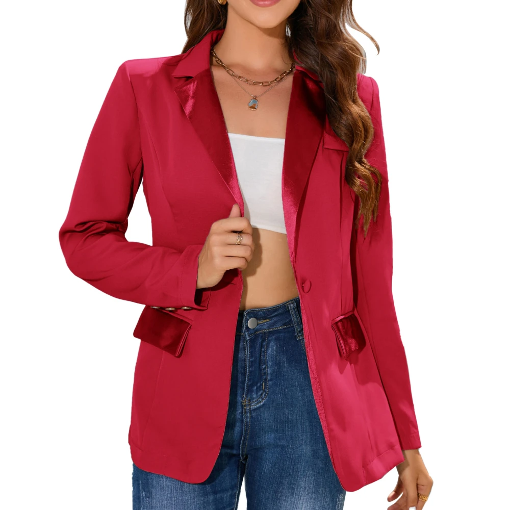 Women Turn Down Collar Suit Coat Single Button Pockets Closure Long Sleeve Business Casual Suit Coat Red S