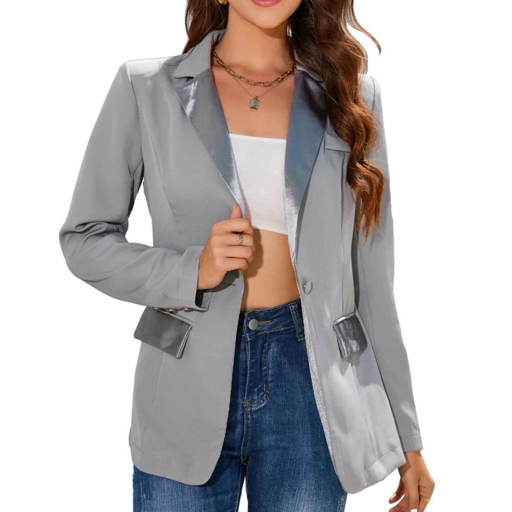 Women Turn Down Collar Suit Coat Single Button Pockets Closure Long Sleeve Business Casual Suit Coat Grey L