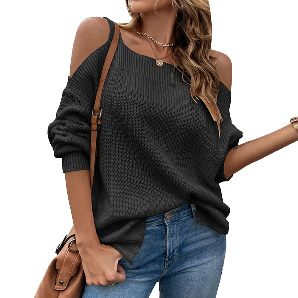 Cold Shoulder Split Sweater Pure Color Knitting Cold Shoulder Long Sleeve Loose Casual Knit Pullover Sweater for Women Black L