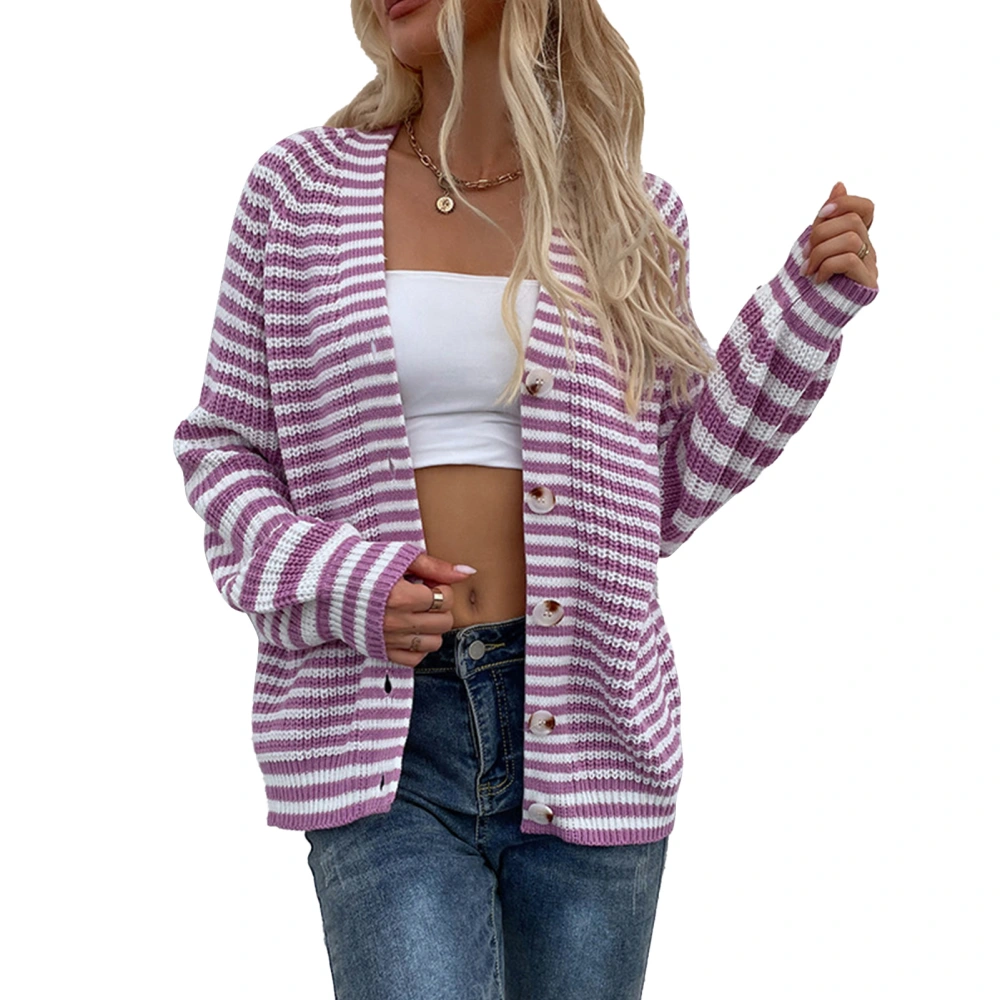 Women Open Front Knit Striped Sweater V Neck Long Lantern Sleeve Relax Fit Button Up Sweater Purple S