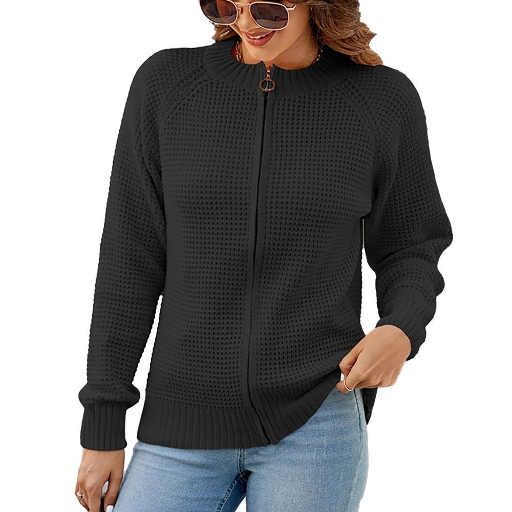 Women Full Zip Knit Sweater Long Sleeve Casual Crew Neck Open Front Zipper Sweater Black M