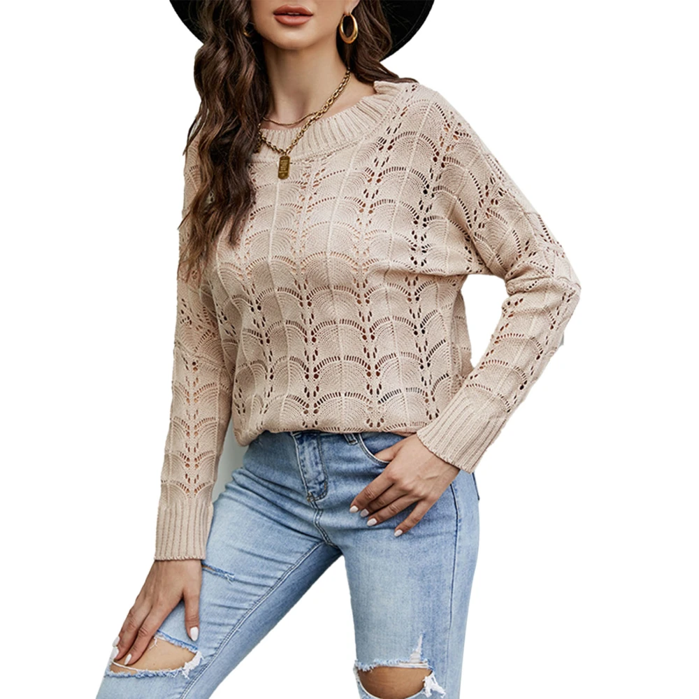 Women Loose Hollow Sweater Round Neck Hollow Out Pure Color Knit Lightweight Long Sleeve Loose Pullover Sweater Khaki M