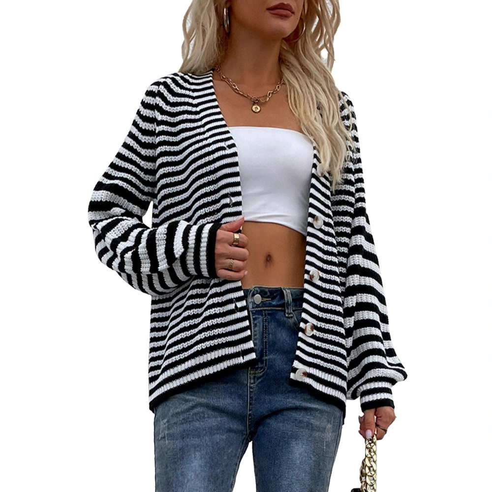 Women Open Front Knit Striped Sweater V Neck Long Lantern Sleeve Relax Fit Button Up Sweater Black XL