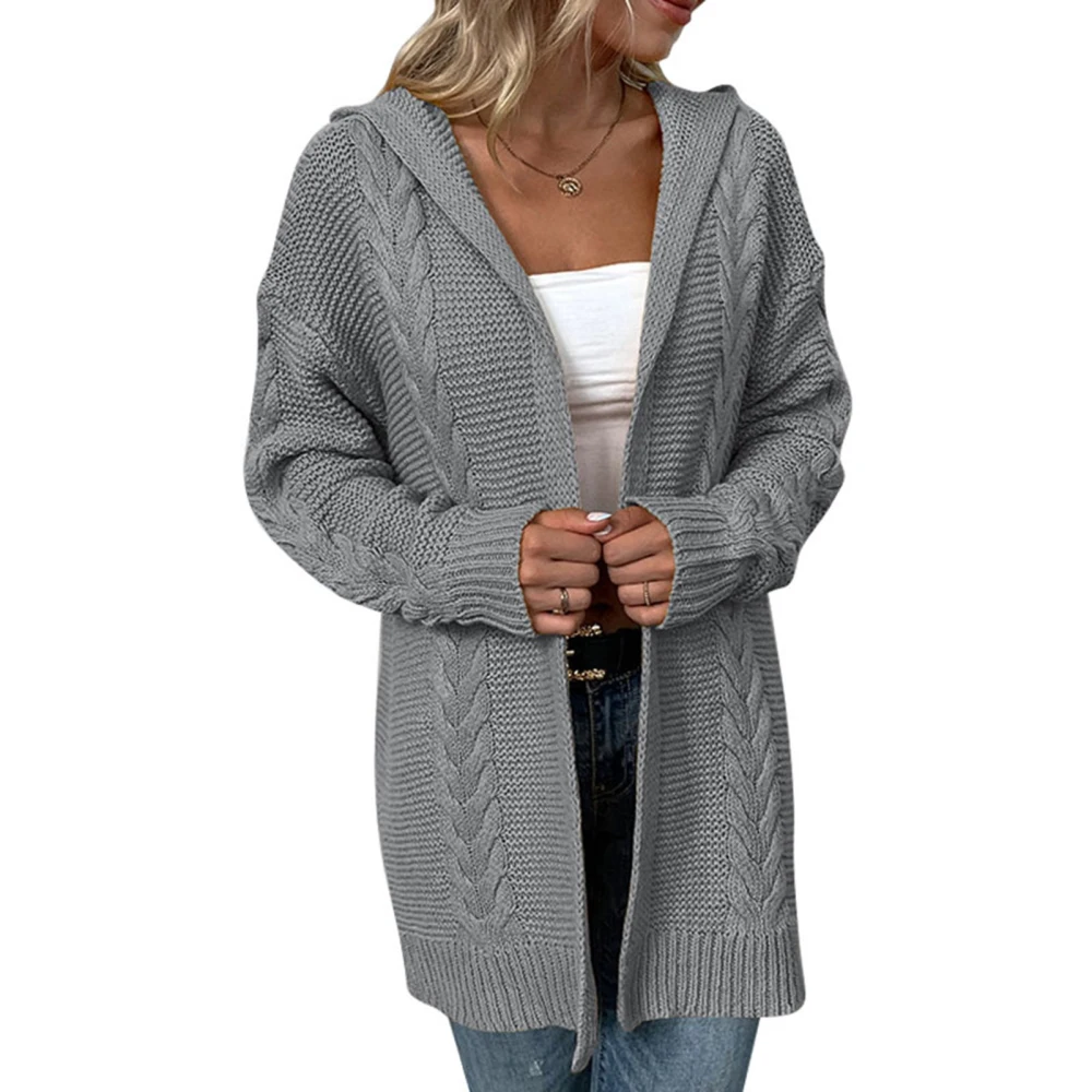 Women Open Front Knit Hooded Sweater Loose Fit Side Pockets Long Sleeve Knitted Outerwear Grey S