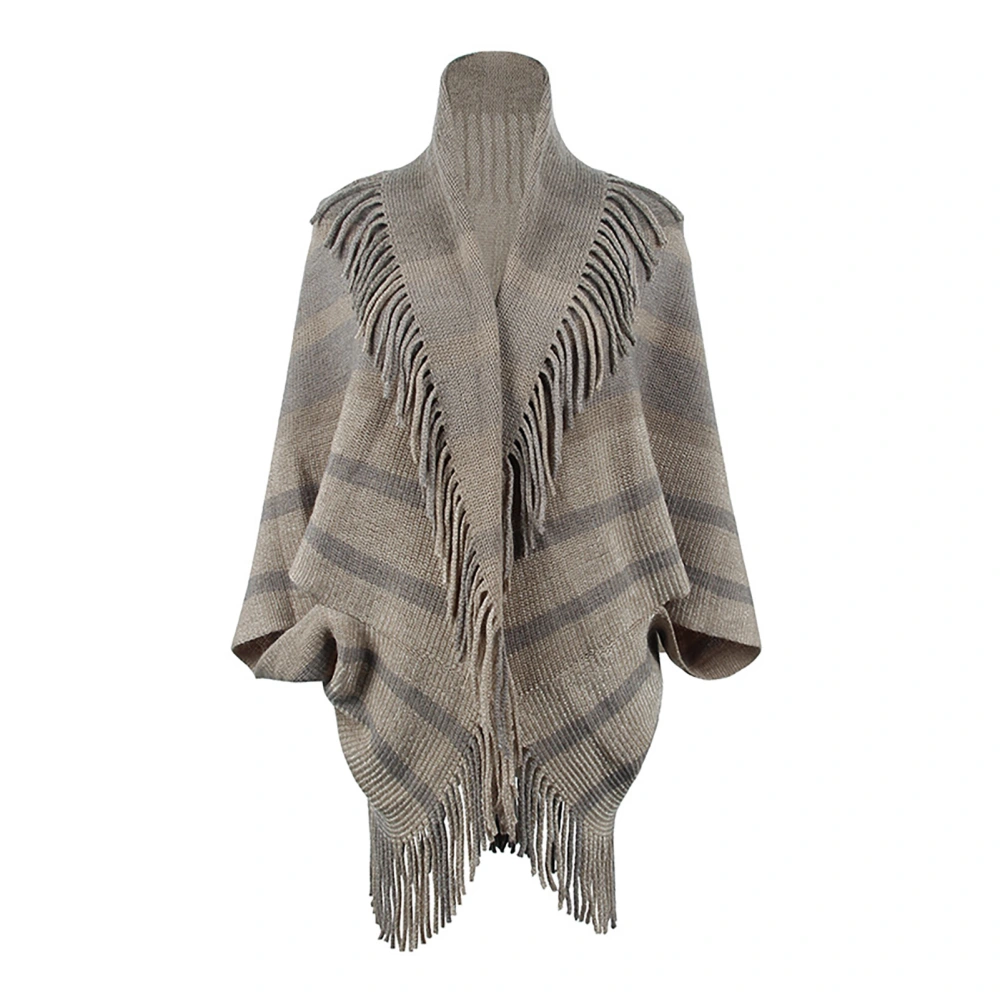 Tassel Cape Wrap Breathable Soft Stripe Tassel Knitted Cape Coat for Women Daily Life Khaki F