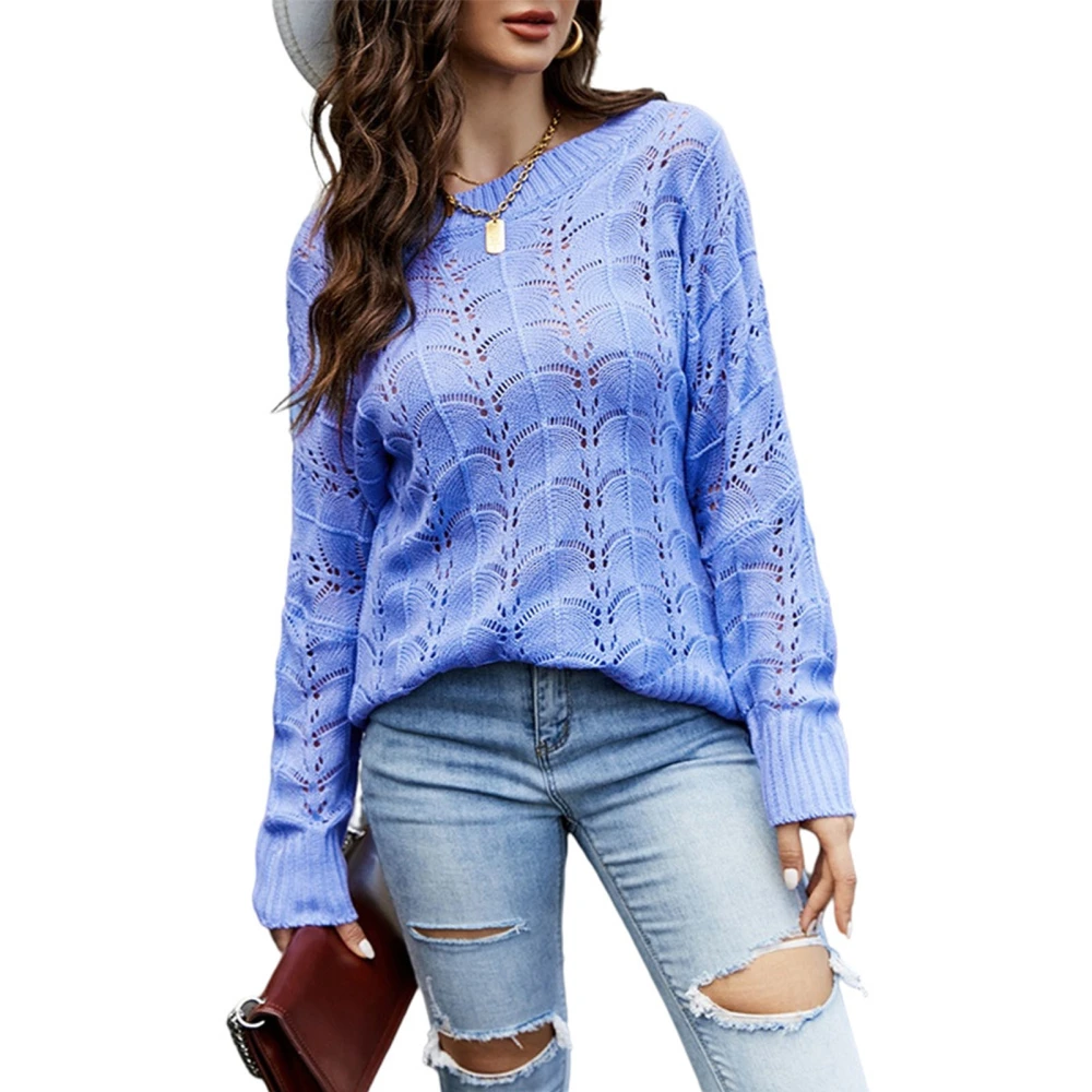 Women Loose Hollow Sweater Round Neck Hollow Out Pure Color Knit Lightweight Long Sleeve Loose Pullover Sweater Blue L