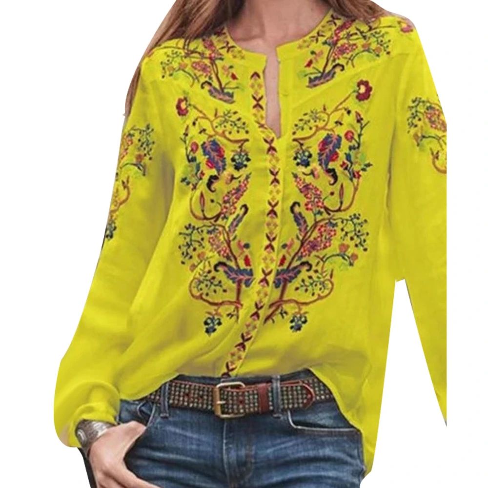 Women Long Sleeve Shirt V Neck Long Sleeve Comfortable Casual Pullover Top for Dating Shopping Work Yellow XL