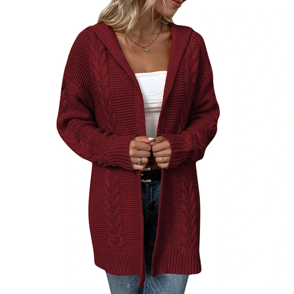 Women Open Front Knit Hooded Sweater Loose Fit Side Pockets Long Sleeve Knitted Outerwear Wine Red XL