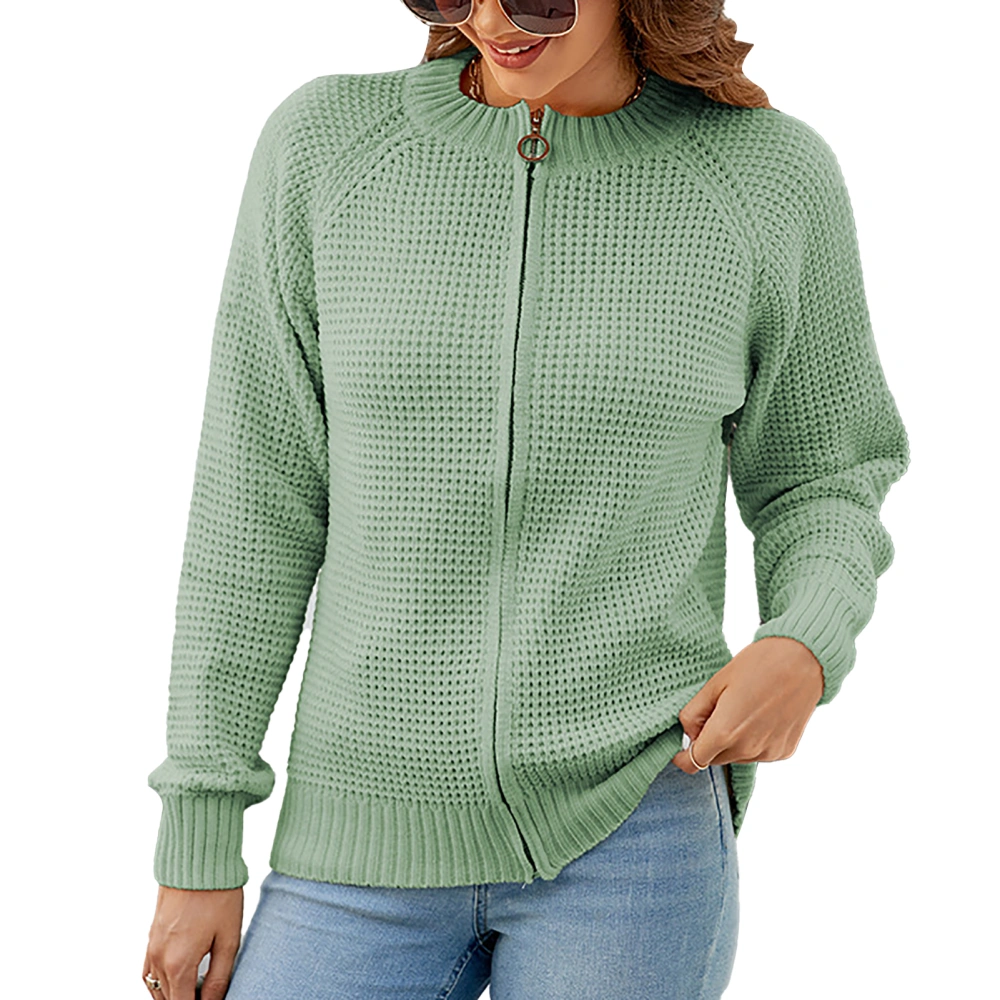 Women Full Zip Knit Sweater Long Sleeve Casual Crew Neck Open Front Zipper Sweater Green L