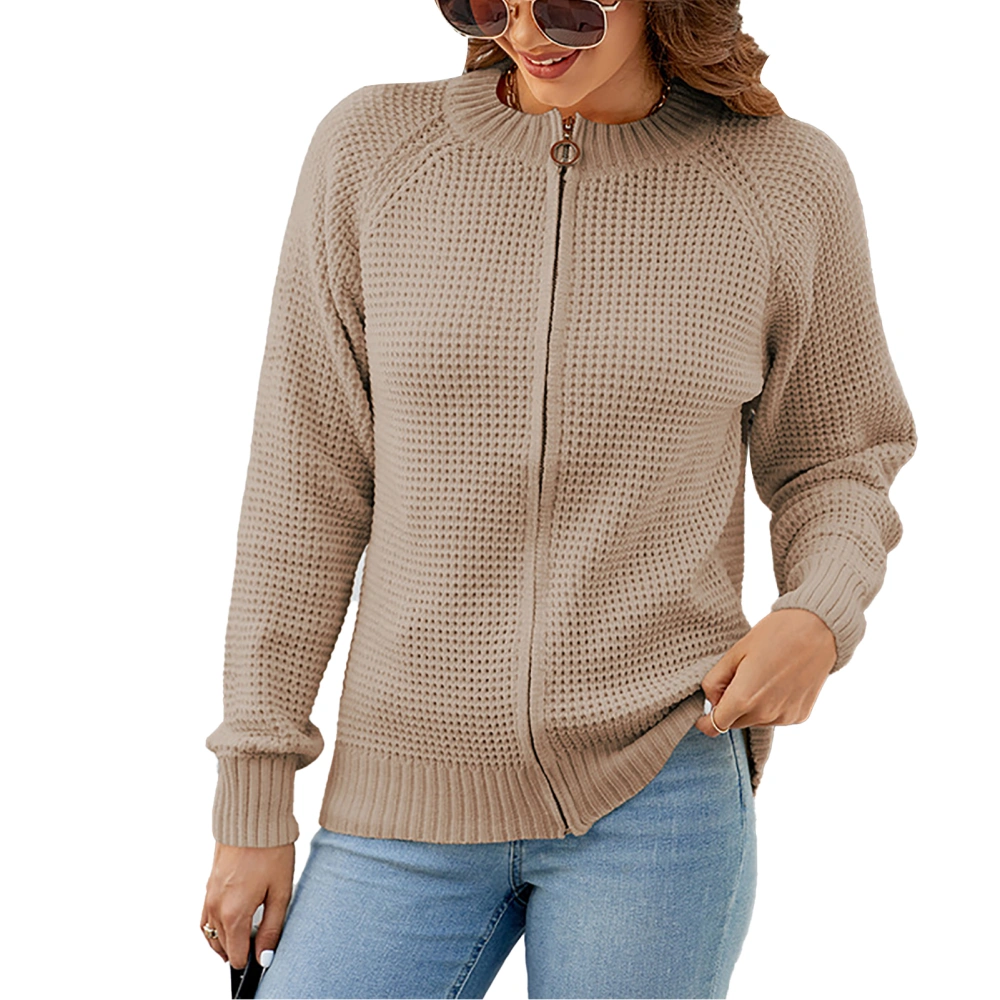 Women Full Zip Knit Sweater Long Sleeve Casual Crew Neck Open Front Zipper Sweater Khaki S