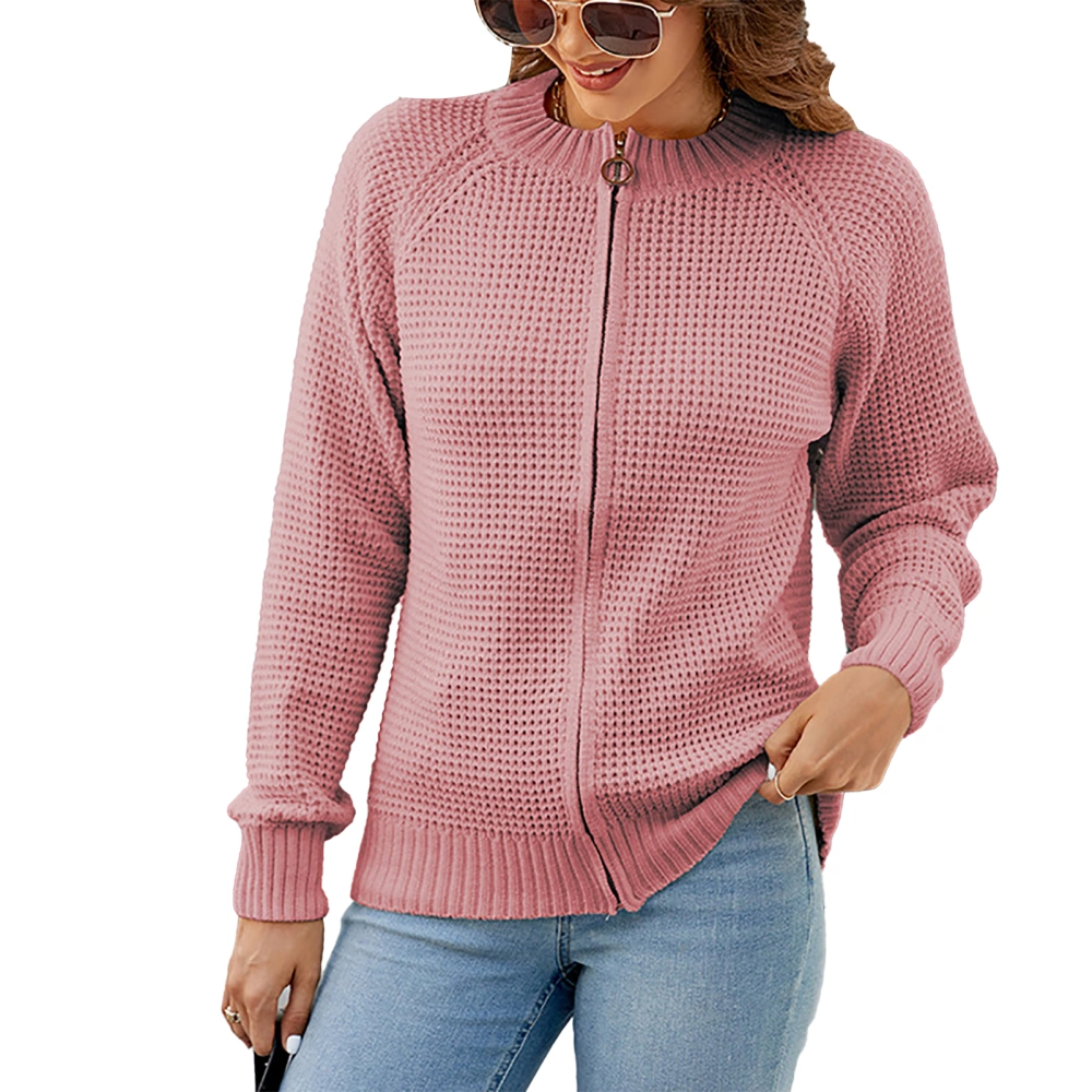 Women Full Zip Knit Sweater Long Sleeve Casual Crew Neck Open Front Zipper Sweater Pink M