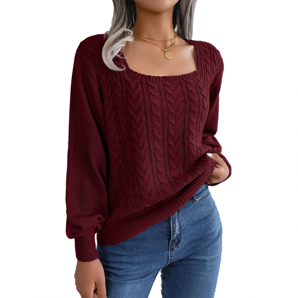 Women Long Sleeve Sweater Cable Knit Pure Color Hollow Out Eyelet Long Lantern Sleeve Knitted Sweater for Daily Party Wine Red M