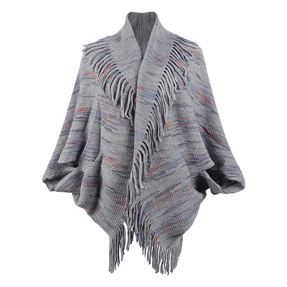 Tassel Cape Colorful Stripe Knitted Soft Open Front Wrap Shawl for Women Daily Life Grey F