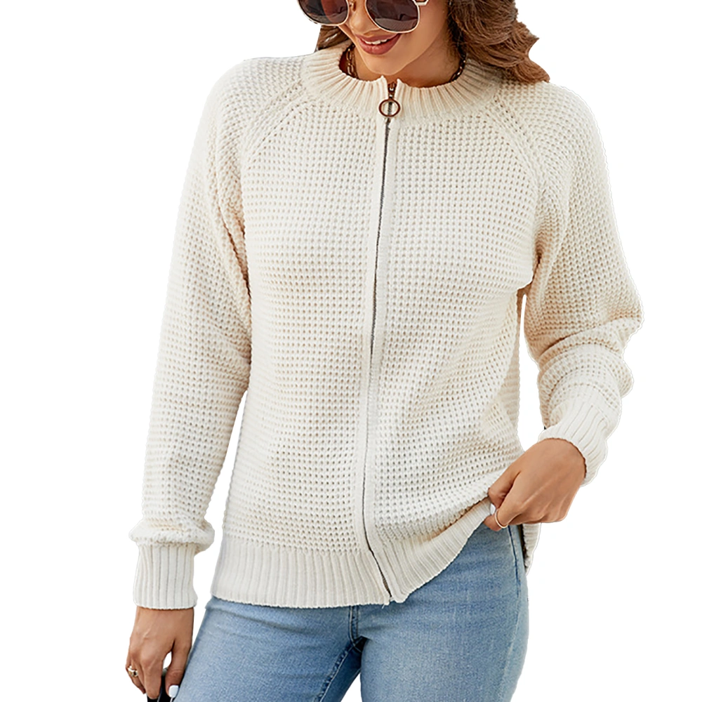 Women Full Zip Knit Sweater Long Sleeve Casual Crew Neck Open Front Zipper Sweater Beige M