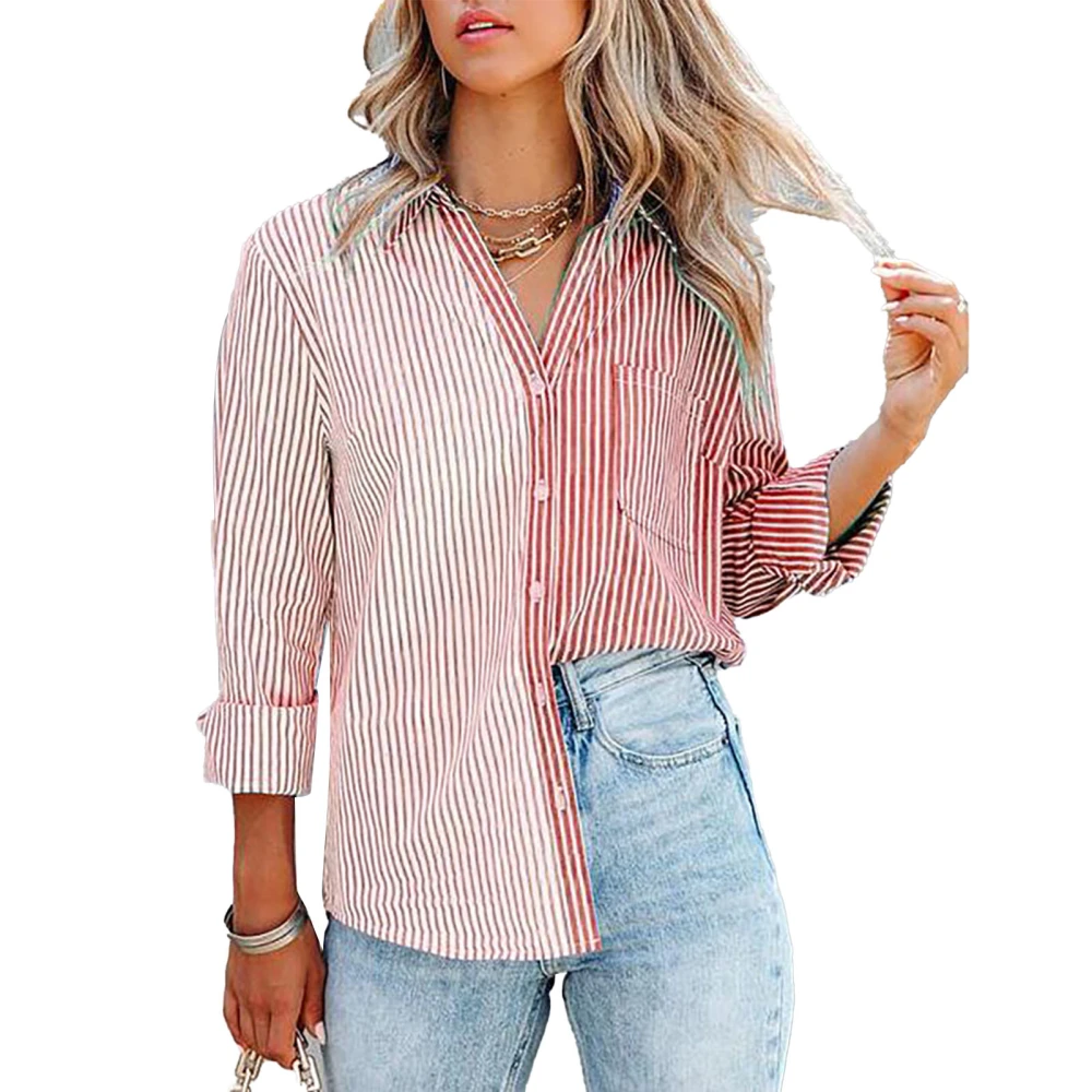 Women Striped Button Up Shirt Long Sleeve Casual Loose Fit Soft Turn Down Collar Shirt Pink M