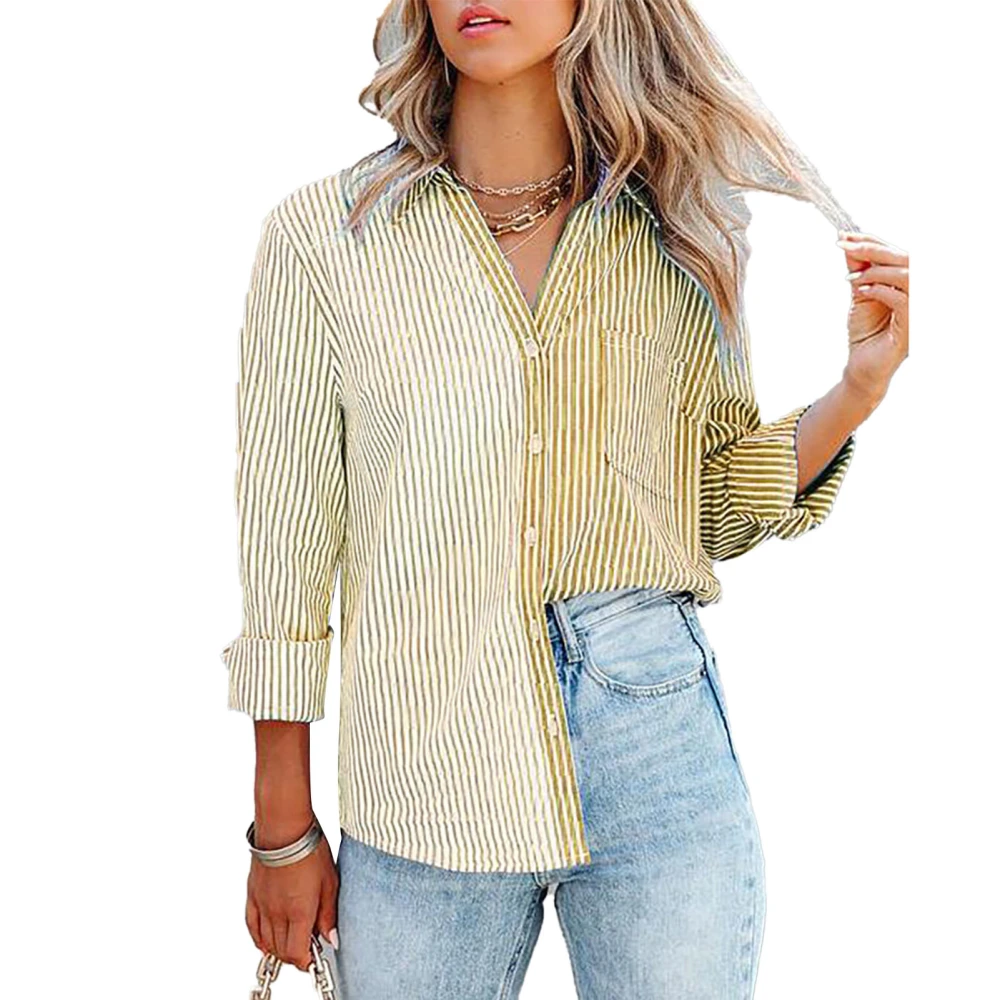 Women Striped Button Up Shirt Long Sleeve Casual Loose Fit Soft Turn Down Collar Shirt Khaki L