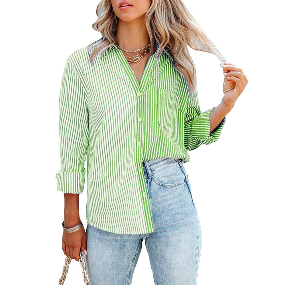 Women Striped Button Up Shirt Long Sleeve Casual Loose Fit Soft Turn Down Collar Shirt Green XL