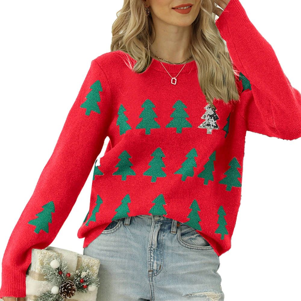 Women Jacquard Pullover Sweater Round Neck Long Sleeve Casual Christmas Sweater for Home Outdoor Dating Red M