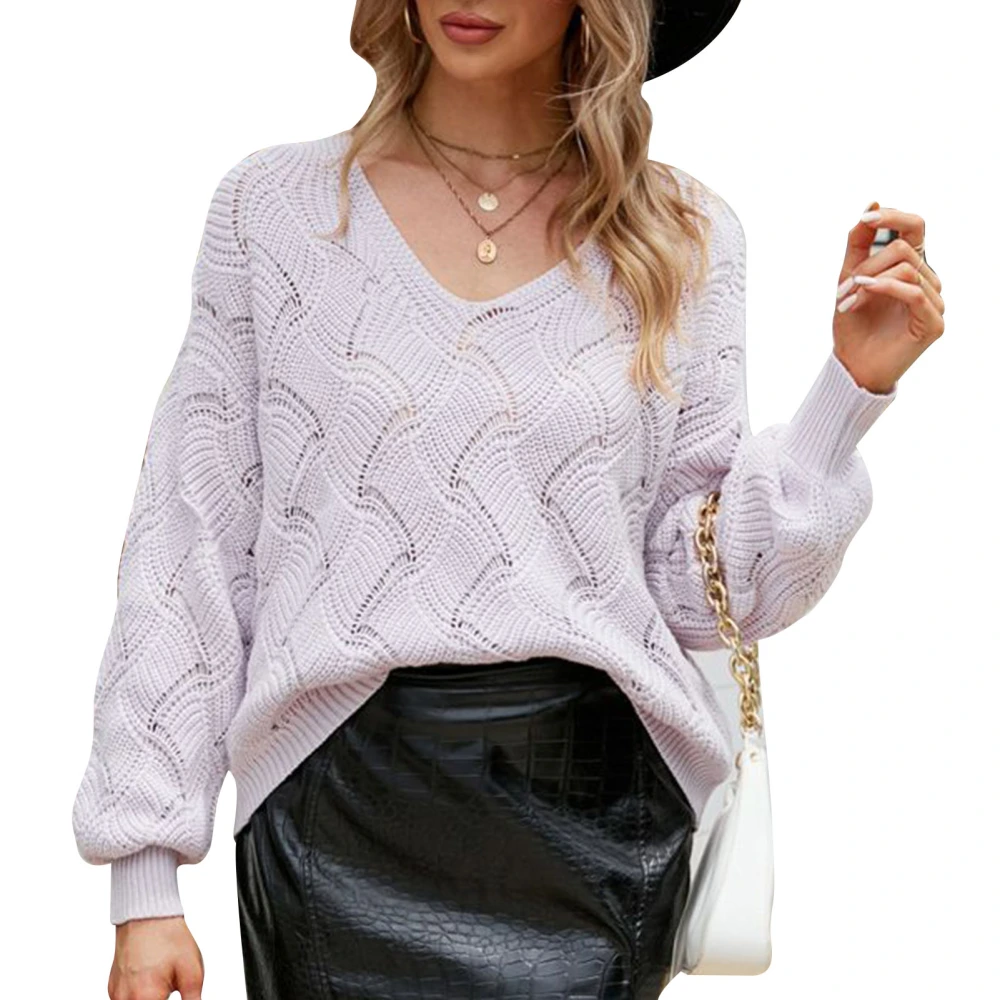 Women Loose Knit Sweater V Neck Pattern Texture Pure Color Long Sleeve Pullover Knitted Sweater Light Purple M