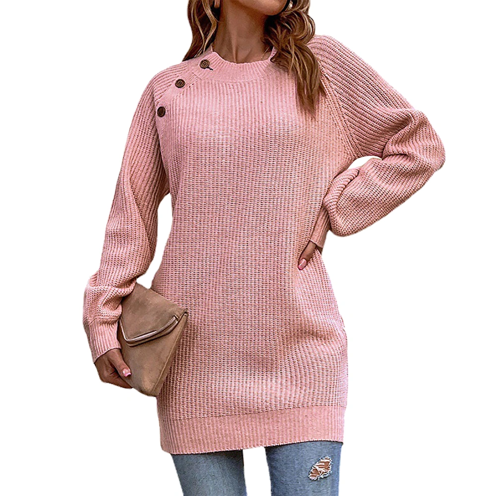 Women Tunic Sweater Loose Fit Button Decor Crew Neck Pure Color Cozy Lantern Sleeve Sweater Pink XL