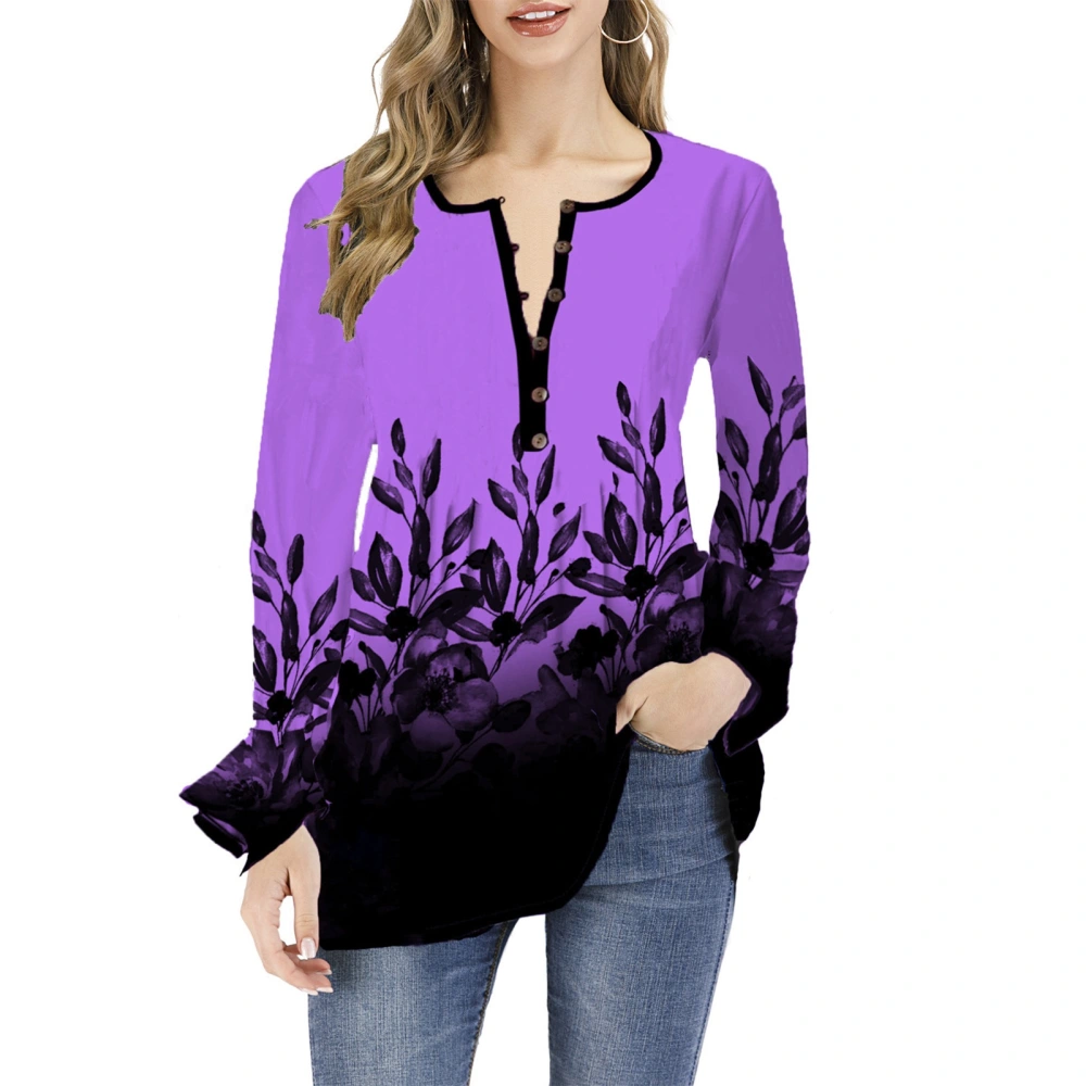 Women V Neck Ruffle Long Sleeve Shirt Casual Loose Fashionable Soft Half Button Printed Top for Daily Life Party Purple M