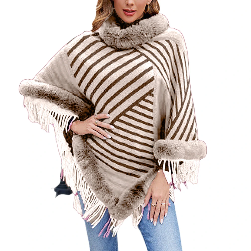 Faux Fur Collar Shawl Cape Striped Knitted Shawl Cape Pullover Poncho Sweater with Fringed Apricot F