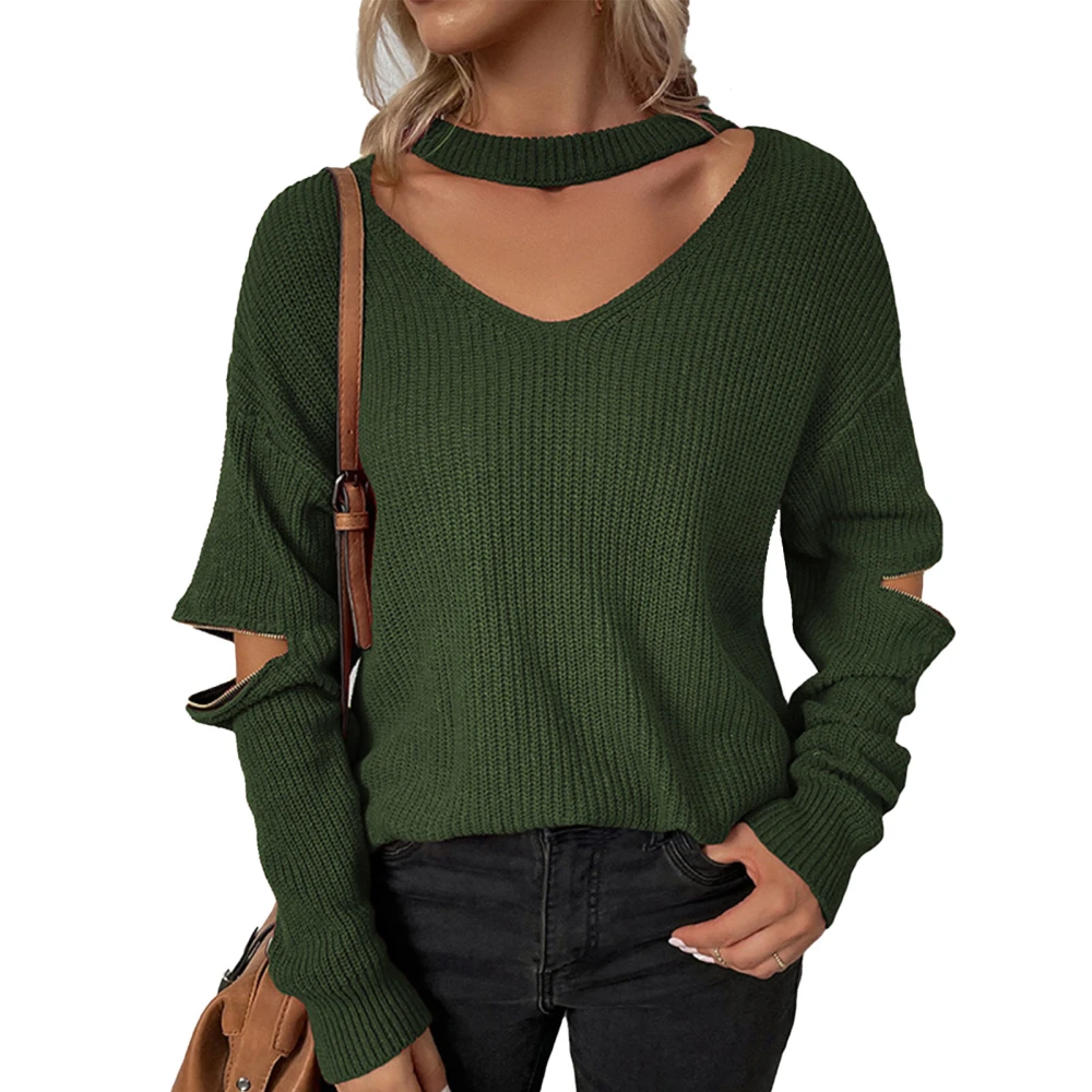 V Neckline Knit Sweater Long Sleeve Zipper Loose Fitted Plain Color Knitted Sweater for Women OD Green S