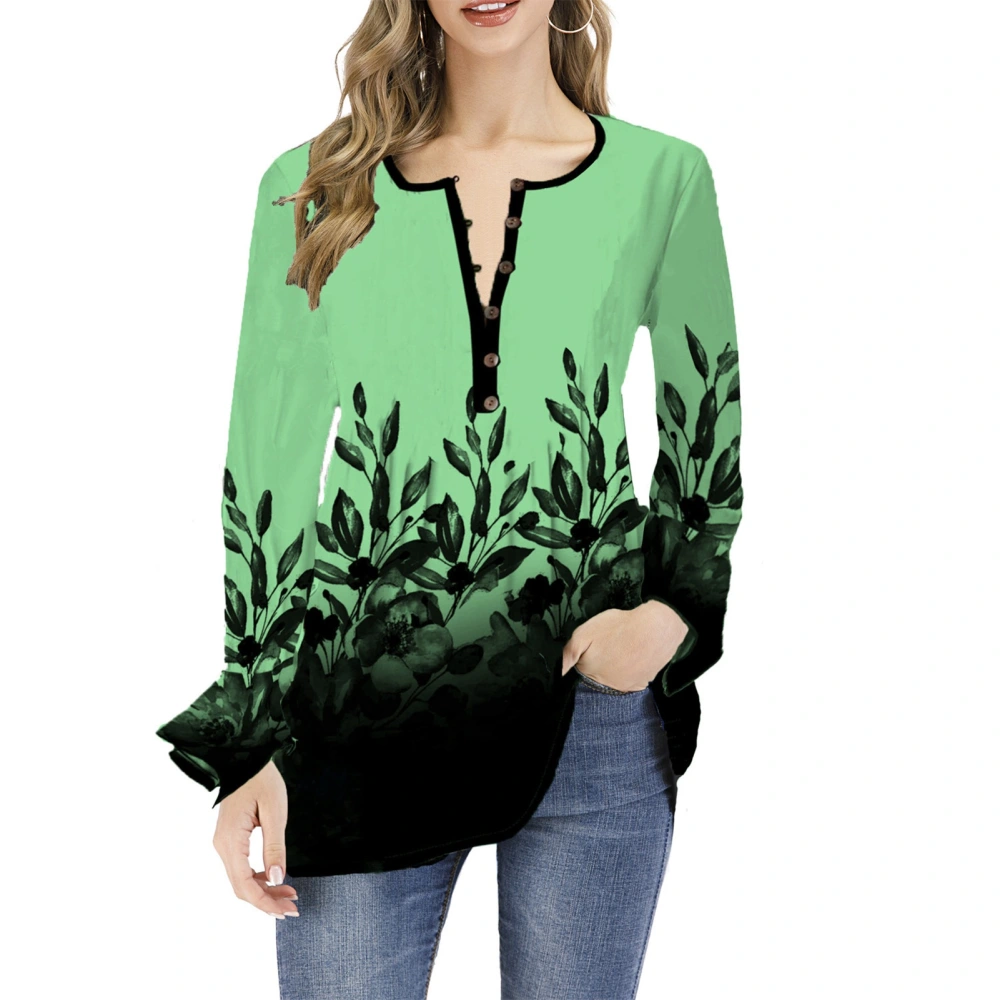 Women V Neck Ruffle Long Sleeve Shirt Casual Loose Fashionable Soft Half Button Printed Top for Daily Life Party Green M