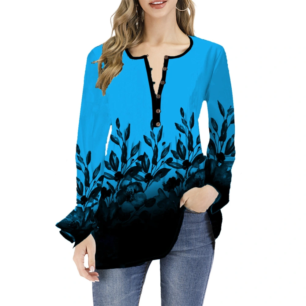 Women V Neck Ruffle Long Sleeve Shirt Casual Loose Fashionable Soft Half Button Printed Top for Daily Life Party Lake Blue S