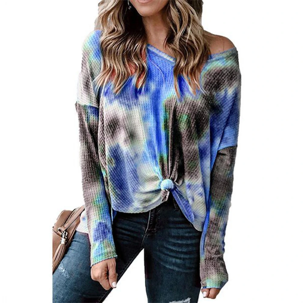 Women Tie Dye Long Sleeve Shirt Fashion Casual Loose Twisted Knot Women V Neck Long Sleeve Tops for Daily Party Shopping Blue XXL