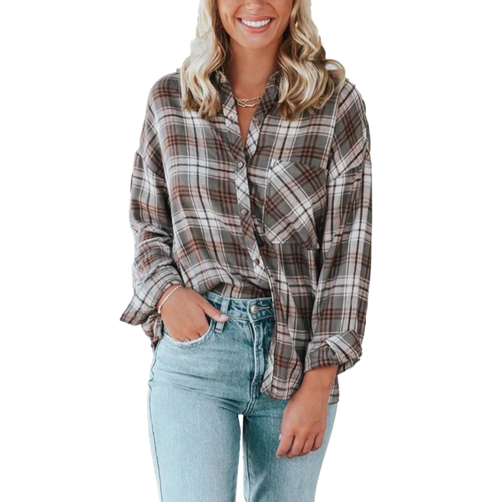 Women Causal Plaid Shirt Long Sleeve Turn Down Collar Loose Fit Button Up Shirt with Chest Pocket Type 2 S