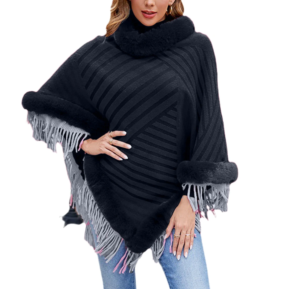 Faux Fur Collar Shawl Cape Striped Knitted Shawl Cape Pullover Poncho Sweater with Fringed Dark Blue F