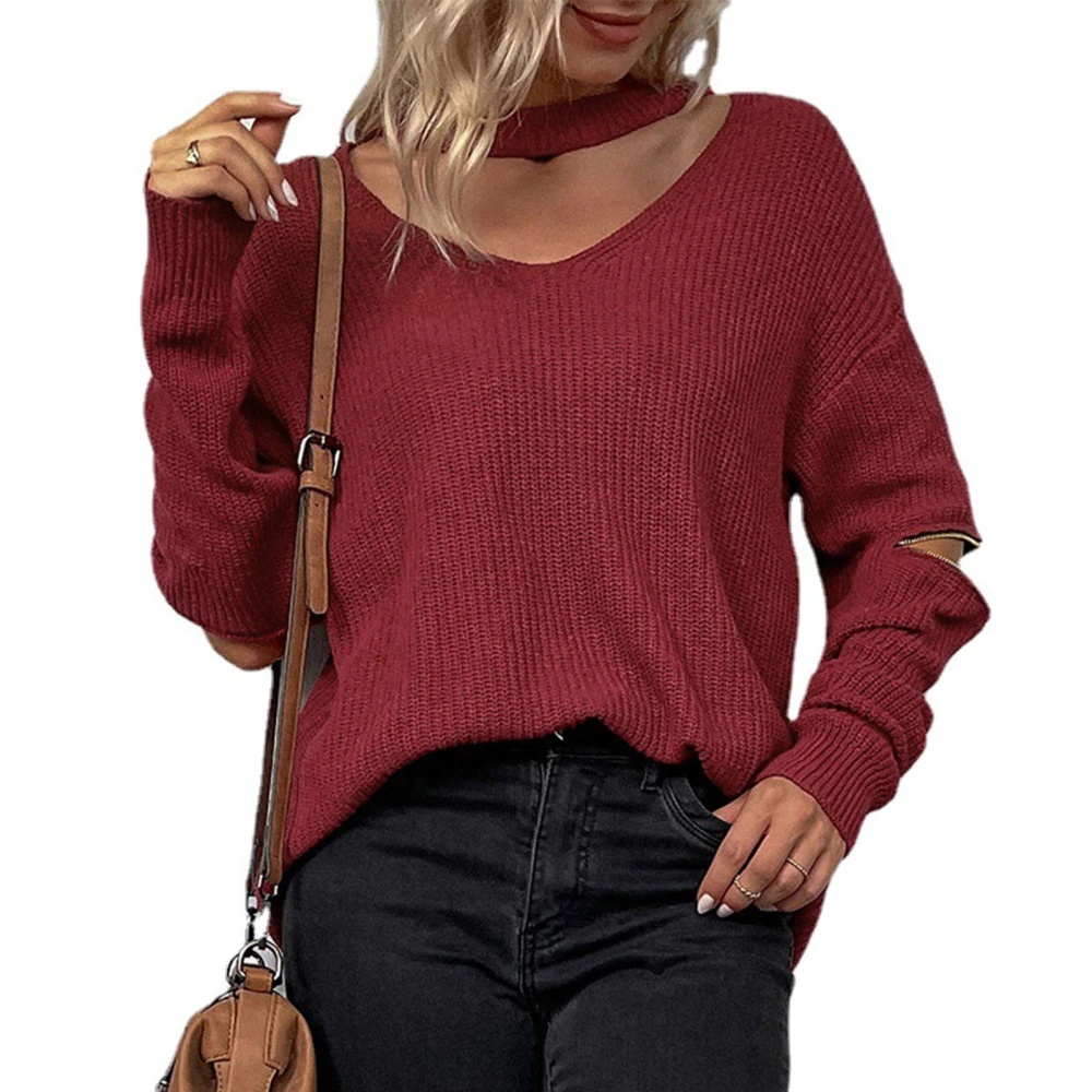 V Neckline Knit Sweater Long Sleeve Zipper Loose Fitted Plain Color Knitted Sweater for Women Burgundy M