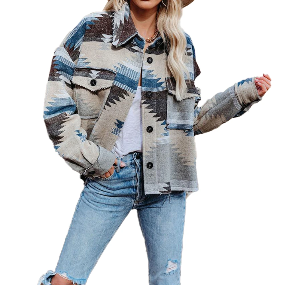 Single Breasted Women Jacket Multicolor Stitching Pocket Long Sleeve Vintage Women Jacket Blue XL